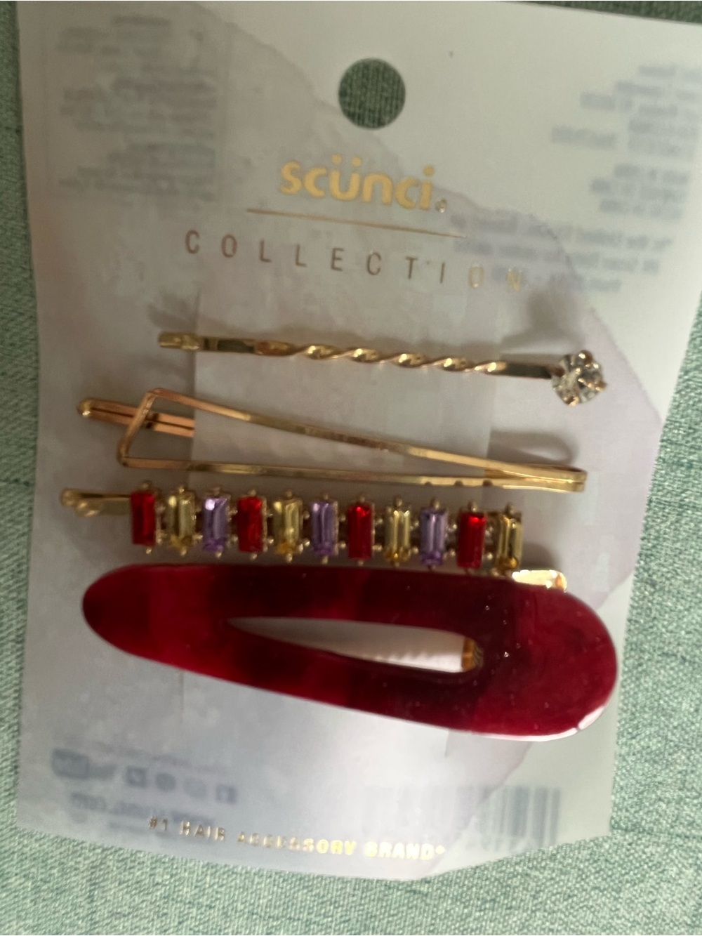 scunci Red Resin & Gold Gem Accent Hair Clip Set